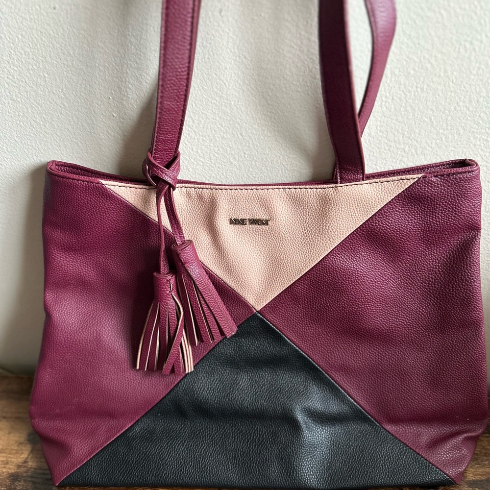 Nine West Colorblock Tote Bag Large Work Purse Burgundy Blush Black Faux Leather